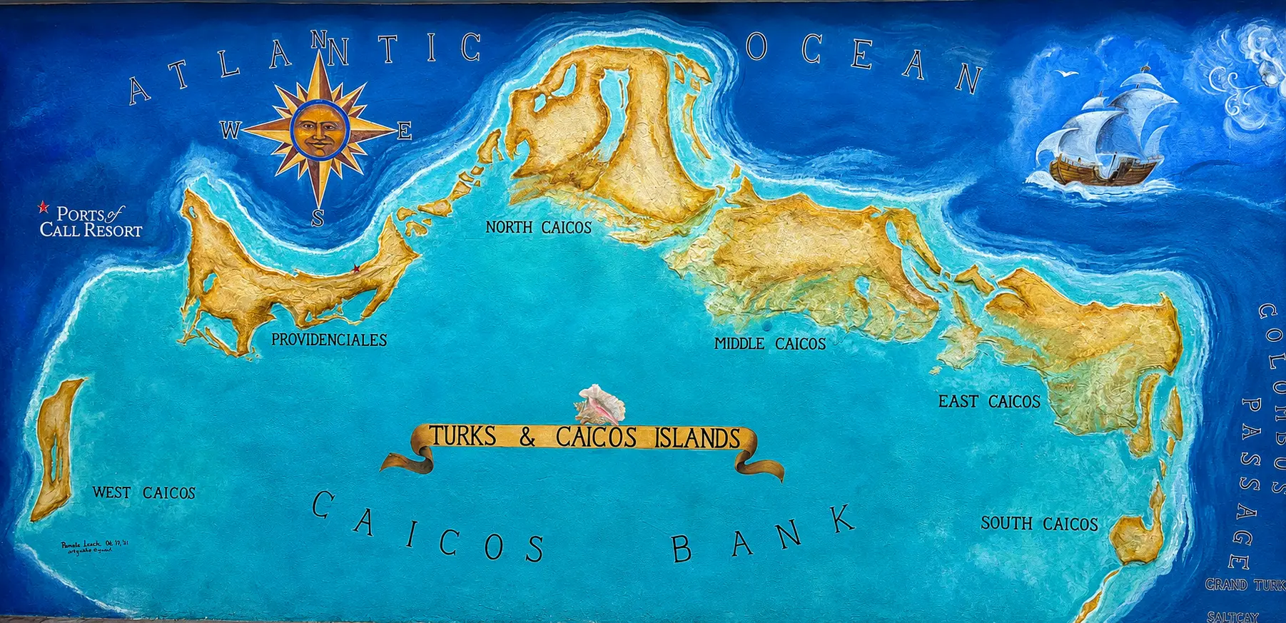 Illustrated map of the Turks & Caicos Islands showing Providenciales, North Caicos, Middle Caicos, East Caicos, South Caicos, West Caicos, Grand Turk and Salt Cay